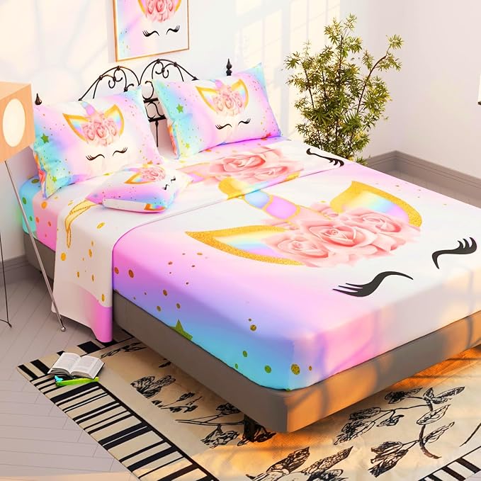 6 Pieces Unicorn Comforter Sets,3D Pink Unicorn Pattern,Decorative 6 Piece Bedding Sets with Comforter,Flat Sheet,Fitted Sheet,Throw Pillow Cover,Pillow Shams,Full Size