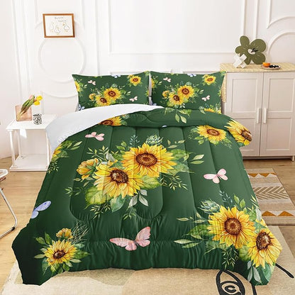 3 Piece Green Sunflower Comforter Sets Full Size, Farmhouse Floral Bedding Set for Girls Boys Adults,3 Piece Bed in A Bag, Ultra Soft Microfiber All Season Yellow Flower Bedding Set