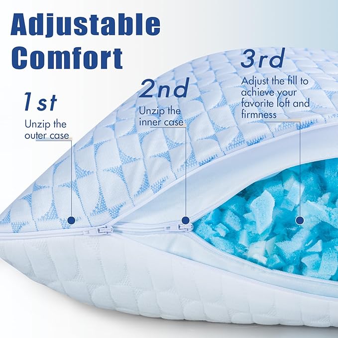 QUTOOL Firm Pillow Shredded Memory Foam, Cooling Pillow for Hot Sleeper, Adjustable Bed Pillow for Side Back Stomach Sleepers, Washable Cover, CertiPUR-US Certified, King Size Set of 2