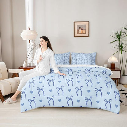 Erosebridal Blue Love Hearts Bowknot Full Comforter Set 7 Pieces | Ribbon Girly Kids Bed in A Bag for Bedroom Cute Dreamy Bow Kawaii Bedding Set with Comforters Adults Women Teens Room Decor
