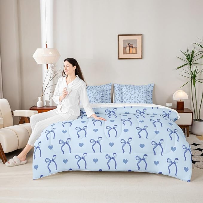 Erosebridal Blue Love Hearts Bowknot 7 Piece Bedding Set Twin | Ribbon Girly Kids Comforter Set with Sheets Cute Dreamy Bow Kawaii Bed in A Bag Adults Women Teens Bed Sets