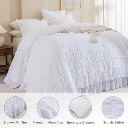 Masaca White Oversized King Comforter 120x98,Farmhouse Shabby Boho Chic Ruffle California King Comforter Set 3 Pieces French Country Rustic Bedding (1 Ruffled Comforter+2 Pillow Shams)