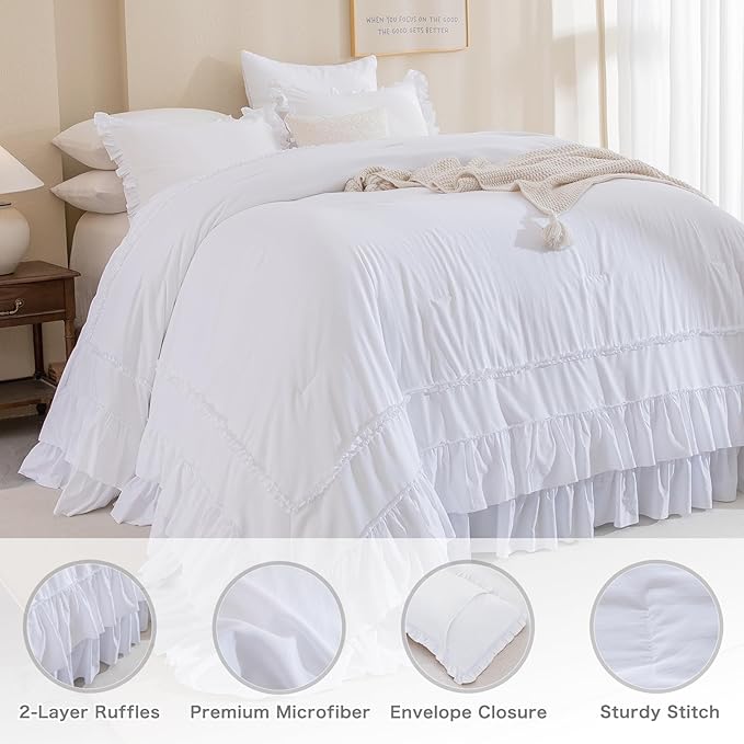 Masaca White Oversized King Comforter Set 120x120,Farmhouse Shabby Boho Chic Ruffle California King Bed Comforter Set French Country Rustic Bedding 3PCS (1 Ruffled Comforter+2 Pillow Shams)
