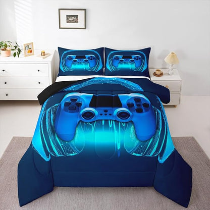 Gamer Comforter Set Full Size,Blue Headphones Musical Design Games Gamepad Bedding Set for Kids Boys Video Game Room Decor Retro Playing Gamer Down Comforter Gaming Controller Quilted Duvet Set