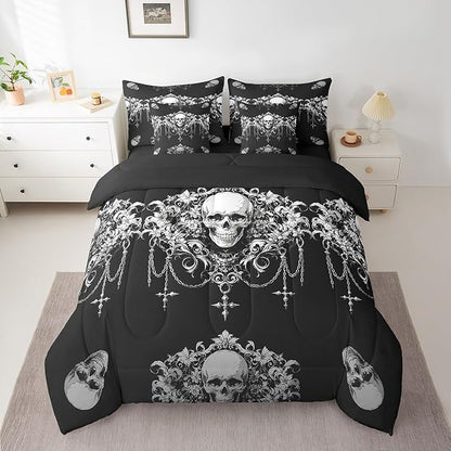 Erosebridal Gothic Bed in a Bag Queen Comforter Set 7 Piece,Goth Sugar Skull Bedding Set,Black White Damask Bohemian Vintage Floral Comforter and Sheet Set,Exotic Antique Victorian Baroque Decor
