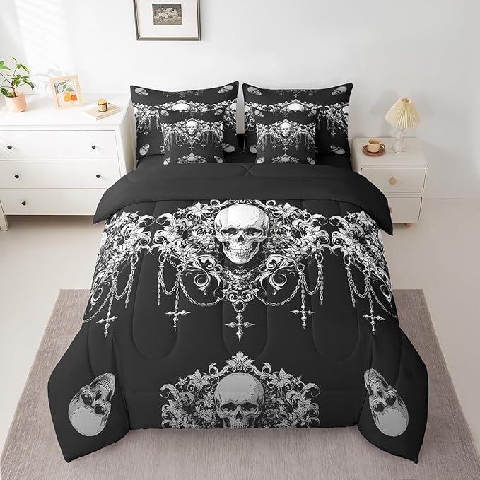 Erosebridal Gothic 7 Piece Comforter Set Full Bed in a Bag,Goth Sugar Skull Bedding Set,Black White Damask Bohemian Vintage Floral Comforter and Sheet Set,Exotic Antique Victorian Baroque Decor