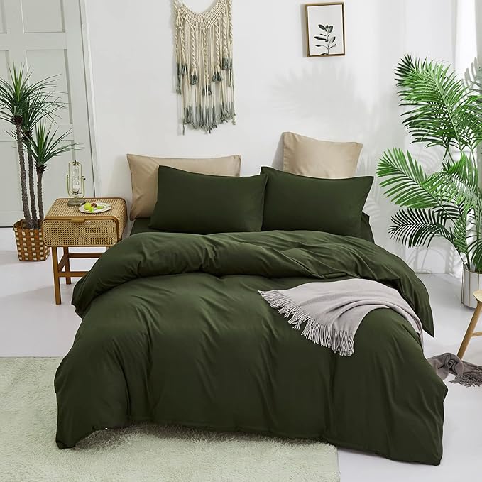 KAREVER Army Green Comforter Set King Deep Dark Green Bedding Set Men Breathable Bedding Set Women Soft Olive Green King Size Comforter Set Skin Friendly Bedding