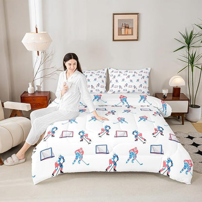 Manfei Hockey Players Girls Bedding Set Twin Size, Comforter Set,Winter Sports Games Quilt Comforter Girls Boys Teens,White Blue Room Decor All Season,1 Pillowcase