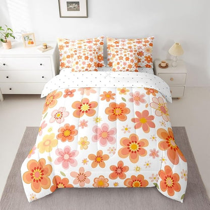 Erosebridal 70S Retro Flowers Bed in A Bag Twin | Bohemia Cartoon Funky 7 Piece Comforter Set Vintage Autumn Floral Sheet Set Reversible Pastoral Style Fitted Sheet Breathable Lightweight