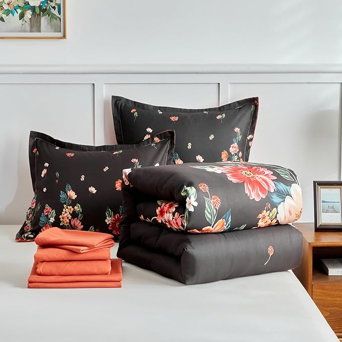 Joyreap 7 Piece Bed in a Bag Queen, Floral Comforter Sheet Set, Black n Orange Flowers Design, All Season Microfiber Bedding Comforter Set