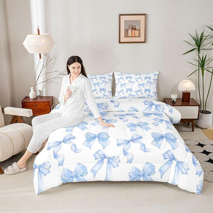 Erosebridal Blue Bow Comforter Set King Size Cute Cartoon Bowknot Bedding Set for Girls,Dreamy Princess Style Down Comforter for Kids Teen Women,Blue Kawaii Girly Coquette Butterfly Knot Quilt