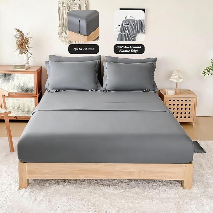 Cal King Comforter Set Double Brushed Microfier Silver Gray - 7-Piece Bed in a Bag, All-Season Soft Bedding with Sheets & Envelope Pillowcases ((104"x90",Cal King)
