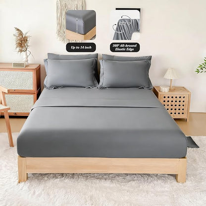 Cal King Comforter Set Double Brushed Microfier Silver Gray - 7-Piece Bed in a Bag, All-Season Soft Bedding with Sheets & Envelope Pillowcases ((104"x90",Cal King)