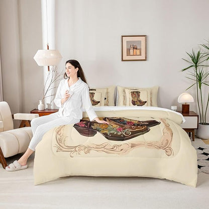 Erosebridal Western Cowboy 7 Piece Comforter Set King | Retro Cowboy Boots Bed in A Bag Country Bohemian Floral Sheet Set Reversible Abstract Hippy Fitted Sheet Breathable Lightweight