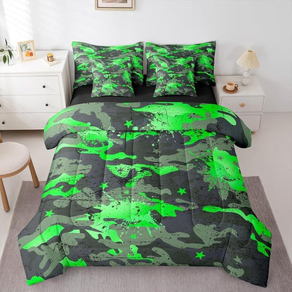 Erosebridal Camouflage King Comforter Set Watercolor 7-Piece Bed in A Bag Stars Ombre Watercolor Camo Ink Splash Sheets and Pillowcases Grey Green Bed Sets