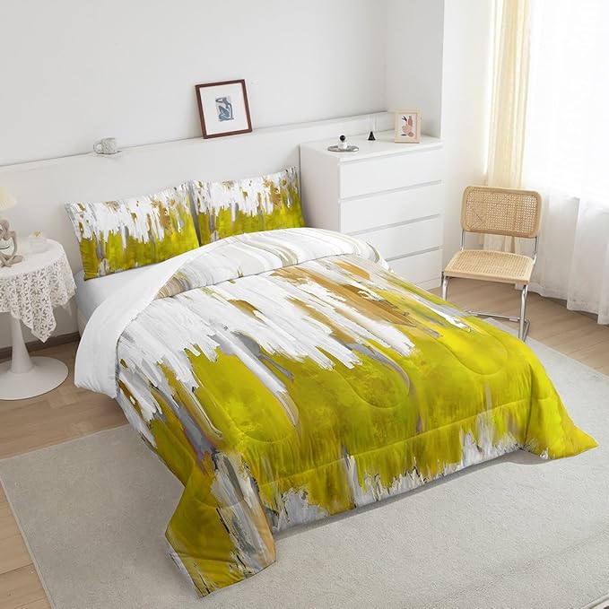 Erosebridal Yellow Bedding Full Gradient Brush Marks Comforter Set, Watercolor Stripe Aesthetic Down Comforter Abstract Ombre Bedding Comforter Sets, Chic Vintage Contemporary Duvet Insert 3pcs