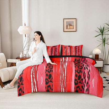 Erosebridal Cheetah Fur White Red Geometric Women King 7-Piece Comforter Set | Stripe Leopard Print Sheets and Pillowcases Men Adults Bed in A Bag Animal Skin Pattern Bed Sets