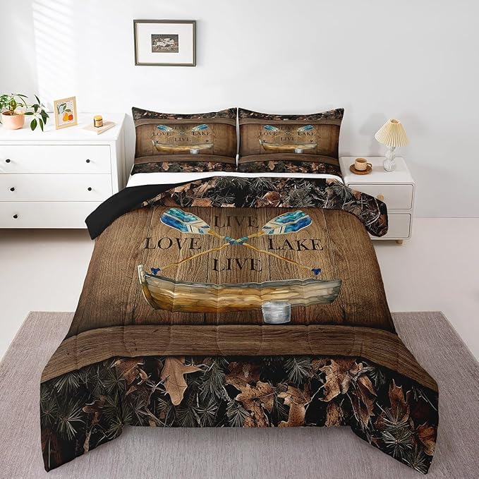 Erosebridal Lake House Comforter Set Twin Lake Paddle Boat Bedding Set Gifts for Men Women Kids,Rustic Cabin Camo Bedding Comforter Sets Woodland Tree Branch Leaves Camouflage Bed Set 2 Pcs