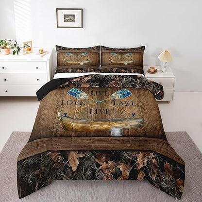 Erosebridal Lake House Comforter Set Twin Lake Paddle Boat Bedding Set Gifts for Men Women Kids,Rustic Cabin Camo Bedding Comforter Sets Woodland Tree Branch Leaves Camouflage Bed Set 2 Pcs