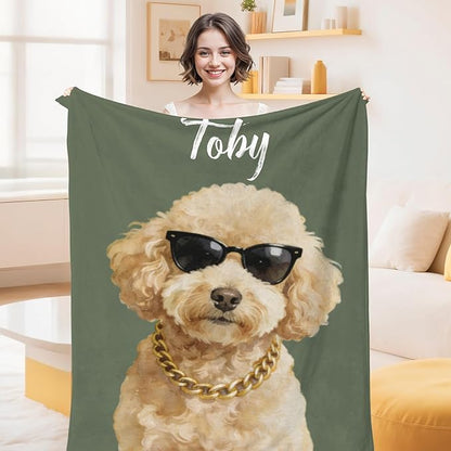 Custom Pet Portrait Blanket Personalized Fleece Throw Blankets with Dog Cat Watercolor Photo & Name Cute Cozy Soft Warm Unique Gift Ideas for Pets Lover Dog's Dad Mom