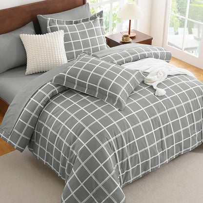 CozyLux Twin XL Comforter Set Grey - 5 Pieces Plaid Bed in a Bag Set, Ultra-Soft Twin XL Bedding Set Bed Set with All Season Quilted Comforter, Flat Sheet, Fitted Sheet, Pillowcase & Pillow Sham