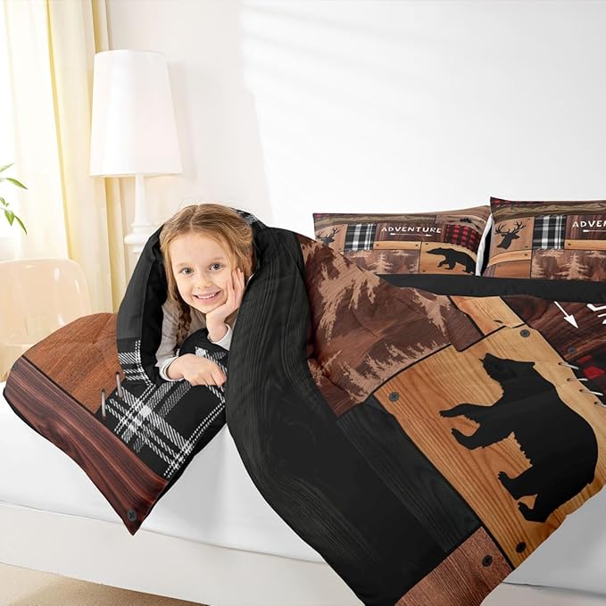 Feelyou Bear Deer Bedding Set Soft for Boys Girls, Wildlife Hunting Comforter Set Toddler Size Rustic Cabin Duvet Quilt Microfiber Farmhouse Bedroom Decor 2 Pcs with 1 Pillow Cases