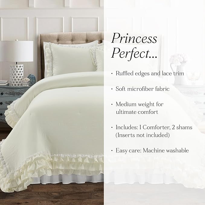 Lush Decor Ella Parisian Vintage Chic Ruffle Lace 3 Piece Comforter Set, King, Ivory