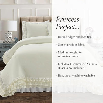 Lush Decor Ella Parisian Vintage Chic Ruffle Lace 3 Piece Comforter Set, King, Ivory