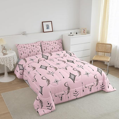 Feelyou Pink Western Bull Skull Comforter Set Ethnic Horns Boho Twin Size Bedding Set Tribal Symbol Mysterious Aztec Comforter for Man Women
