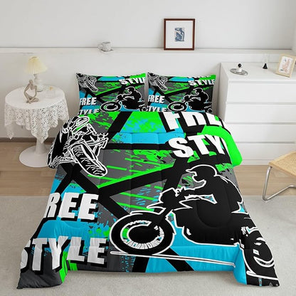 jejeloiu Boys Dirt Bike Racer Bedding Set Toddle Size Motocross Hip Hop Comforter Set for Kids Adult Motorcycle Sport Duvet Set Blue Green Quilt Set 2Pcs