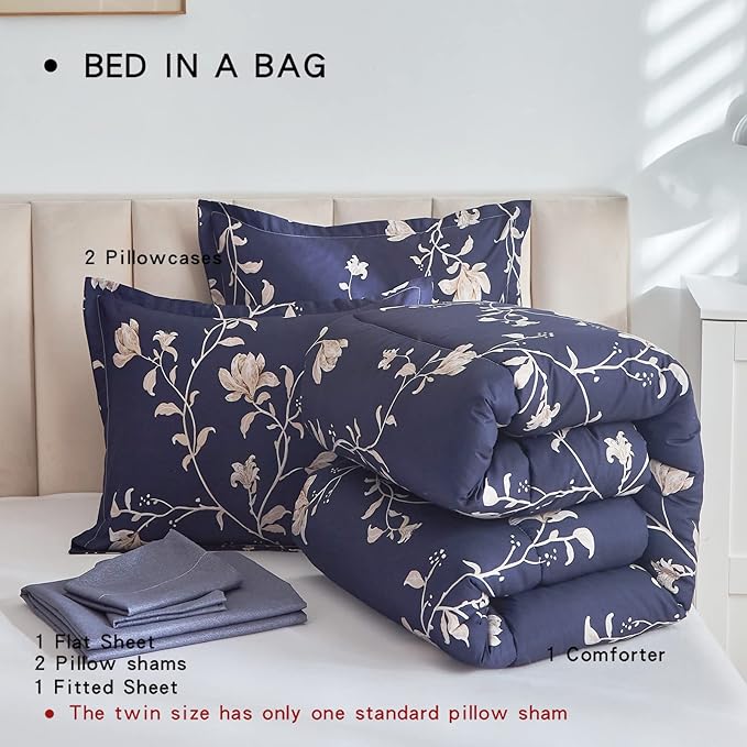 AIKASY Bed in a Bag Queen Comforter Set，7 Pieces Floral Comforter Set Bedding Sets with (1 Comforter, 2 Pillow Shams, 1 Flat Sheet, 1 Fitted Sheet, 2 Pillowcases) (Navy, Queen)