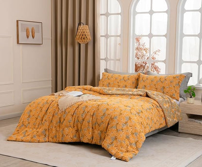 SLEEPBELLA Washed Double Layer Muslin 100% Cotton Comforter Set King Size, Yellow & Blue Sunflower Pattern Fluffy Thick Checked Bedding Set, Soft Breathable (1 Comforter, 2 Pillow Shams)