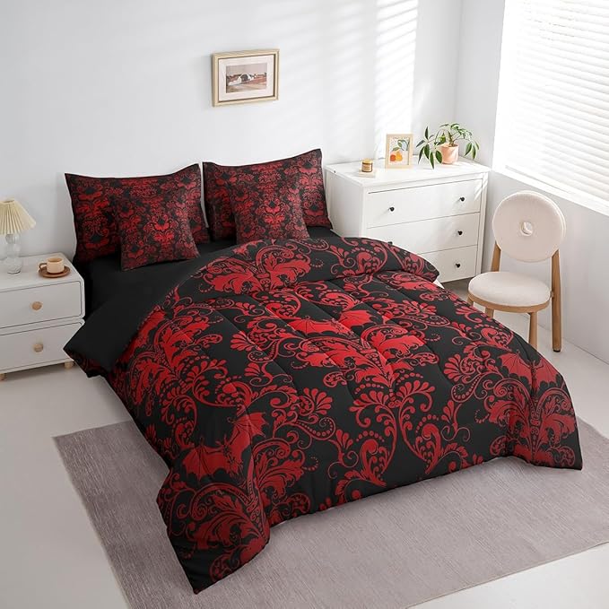 Erosebridal Gothic Damask Bed in a Bag King Size Comforter Set 7 Pieces,Halloween Bat Bedding Sets Red Black Victorian Floral Goth Sheet Set with Comforter