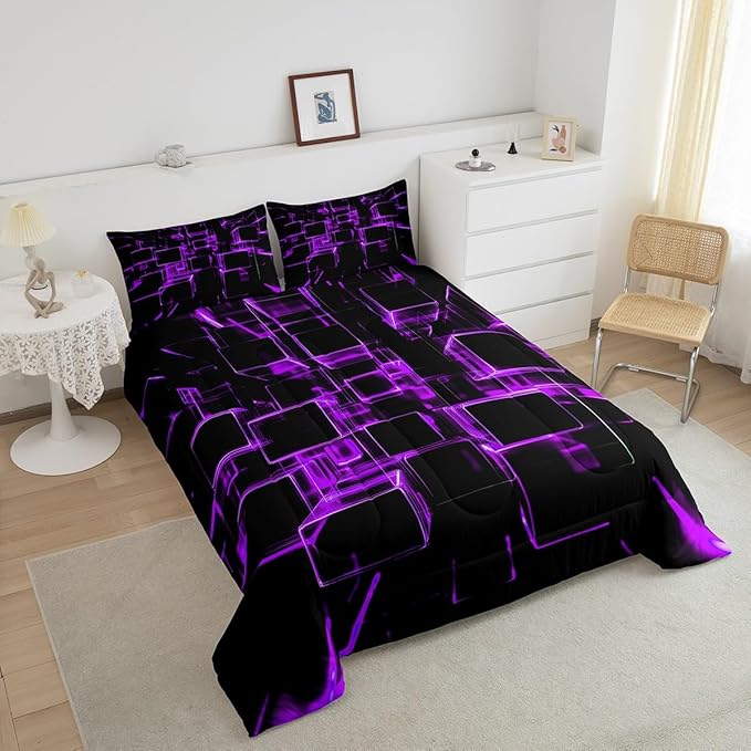 Erosebridal Fluorescent Purple and Black Kids Comforter Set, Modern Geometric Square Bedding Sets Colorful Gradient Neon Light Honeycomb Duvet Insert King 3 Pieces