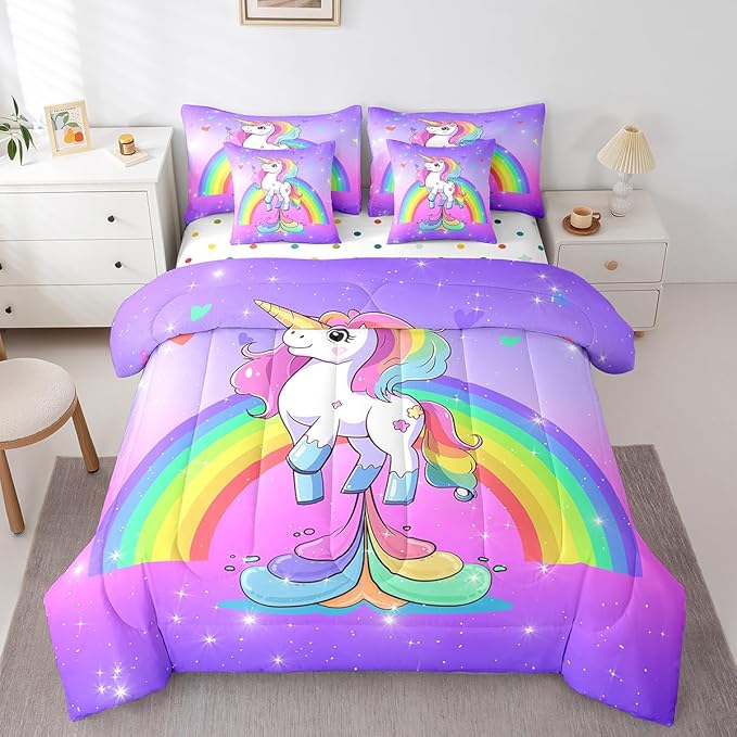 Erosebridal Unicorn 7 Piece Comforter Set Twin,Rainbow Unicorn Bedding Set for Little Kids Boys Girls Bedroom Decor,Purple Starry Sky Down Comforter,Kawaii Cartoon Animals Flat Fitted Sheet,Reverse
