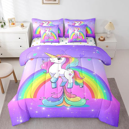 Erosebridal Unicorn 7 Piece Comforter Set Full,Rainbow Unicorn Bedding Set for Little Kids Boys Girls Bedroom Decor,Purple Starry Sky Down Comforter,Kawaii Cartoon Animals Flat Fitted Sheet,Reverse