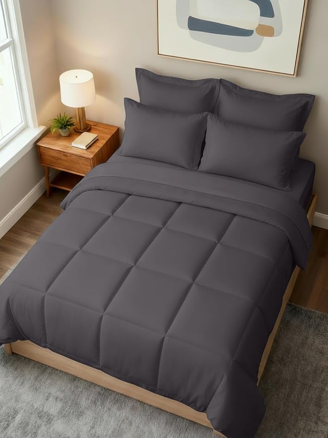 King Comforter Set - 7 Piece Bed in a Bag King Size Bed Set - Down Alternative Comforter, Flat Sheet, Fitted Sheet, Pillowcase & Shams for All Seasons - Ultra Soft, Comfy and Breathable - Dark Grey