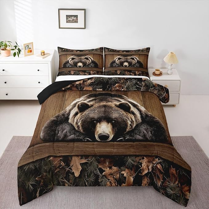 Erosebridal Grizzly Bear Comforter Set Rustic Hunting Bear Toddler Bedding Sets Kids Boys Teen Men Farmhouse Cabin Comforter Wildlife Animal Black Brown Quilt Duvet 2 Pcs