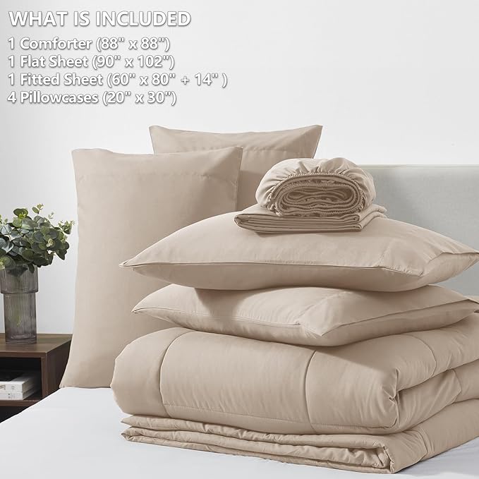 CozyLux Queen Size Comforter Sets Wheat, 7 Pieces Bed in a Bag, Wheat Comforter Queen Size, All Season Bedding Sets with Stitch Quilted Comforter, Flat Sheet, Fitted Sheet, Pillowcases