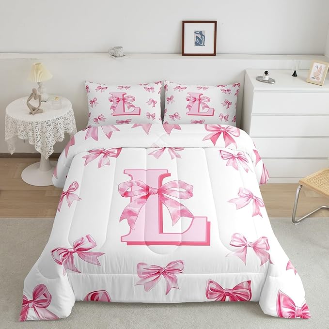 Erosebridal Initial Letter L Comforter Set for Kids Teen Women,Pink Bow Girls Twin Bedding Set Kawaii Girly Bowknot Bedding Comforter Sets Princess Style Romantic Bow Quilt Duvet