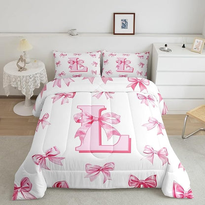Erosebridal Initial Letter L Comforter Set for Kids Teen Women,Pink Bow Girls Full Bedding Set Kawaii Girly Bowknot Bedding Comforter Sets Princess Style Romantic Bow Quilt Duvet