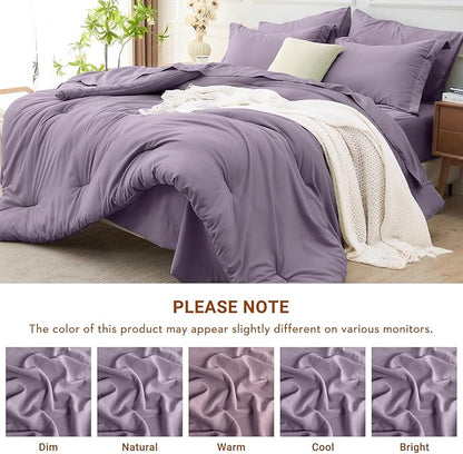 MUXHOMO 7 Pieces Full Comforter Set, Soft Bed in a Bag Full Size, All Season Bedding Set with Comforter, Flat Sheet, Fitted Sheet, Pillowcases & Shams, Greyish Purple