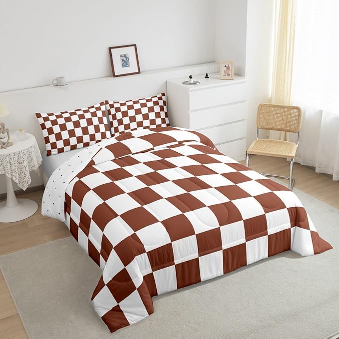 Feelyou Checkered Bedding Set Teen Women Men Coffee Brown White Plaid Comforter Set Queen Size Kids Boys Girls Cute Retro Neutral Checkerboard Geometric Duvet Insert Vintage Aesthetic Room Decor