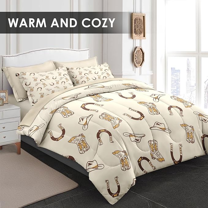 Comforter Set Twin Size, Vintage Cowgirl Cowboy 5 Pcs Bedding for Kids and Adults, Retro Western Horseshoe Bed Sheet Sets with Fitted Sheet Pillowcase & Sham