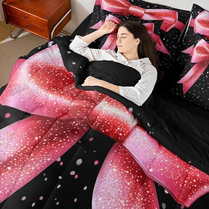 Erosebridal Bowknot 3D Black Pink Glitter Print King 7-Piece Comforter Set | Kawaii Cute Bow Sheets and Pillowcases Girly Kids Dreamy Ribbon Bed in A Bag Adults Women Bed Sets