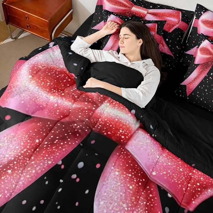 Erosebridal Bowknot 3D Black Pink Glitter Print Full Comforter Set 7 Pieces | Kawaii Cute Bow Bed in A Bag for Bedroom Girly Kids Dreamy Ribbon Bedding Set with Comforters Adults Women Room Decor
