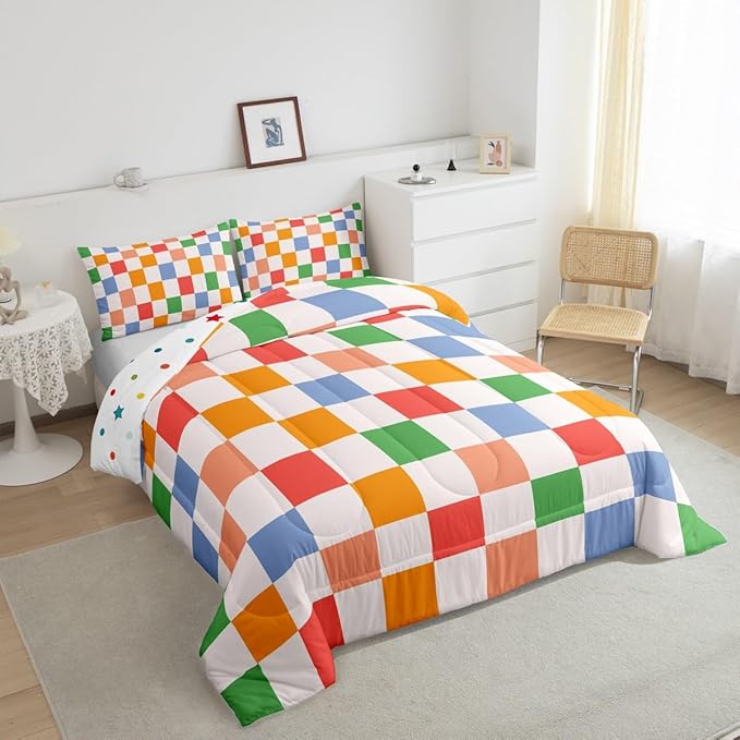 Feelyou Checkered Retro Bedding Set Teen Women Men Rainbow Colorful Plaid Comforter Set Toddler Size Kids Boys Girls Geometric Vintage Duvet Insert Modern Simple Groovy Aesthetic Room Decor
