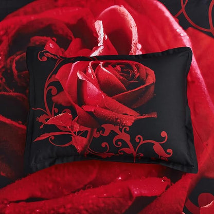 Red Comforter Set Queen 7 Piece Bed in a Bag Red Rose Flower Comforter with Sheet Set Soft Micorfiber Reversible Bedding Set (1 Comforter,2 Pillow Shams,1 Flat Sheet,1 Fitted Sheet,2 Pillowcases)
