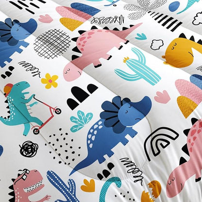 Cartoon Dinosaur Rainbow Comforter Set Twin 3Pc Kawaii Dinosaur Bedding Set All Season with Cactus, Coconut Tree Decoration Includes 1 Comforter, 2 Pillowcases for Kids Girls Teens