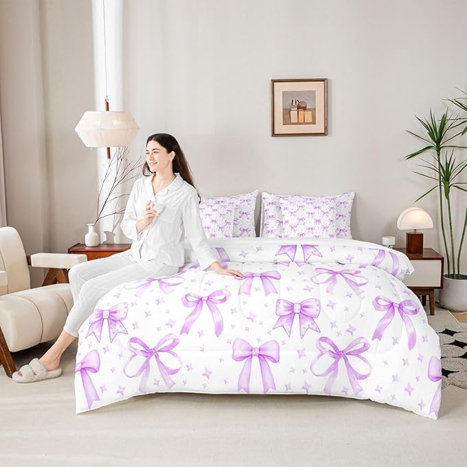 Erosebridal Bow Girls Cute Purple 7 Piece Bedding Set Twin | Starry Comforter Set with Sheets Dreamy Bed in A Bag Bowknot Kawaii Bed Sets